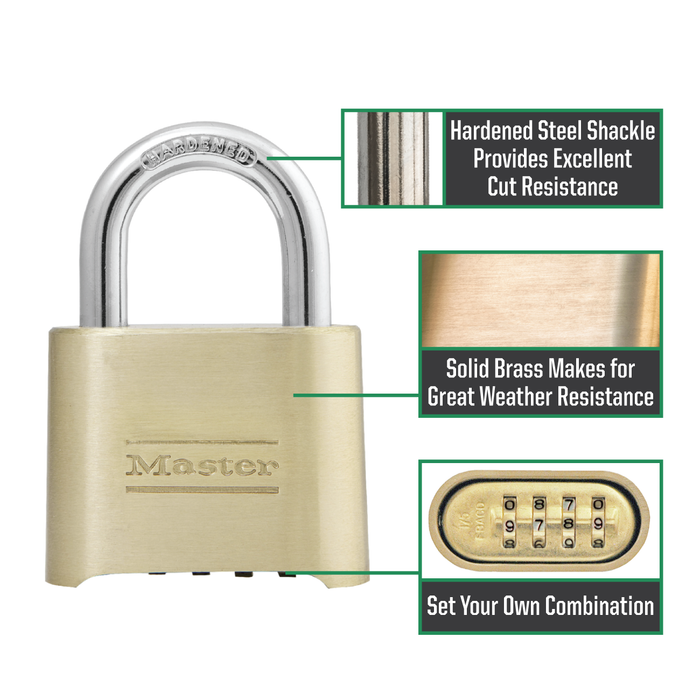 Master Lock 175LH 2 in (51mm) Wide Resettable Combination Brass Padlock with 2-1/4in (57mm) Shackle-Combination-Master Lock-175LH-MasterLocks.com