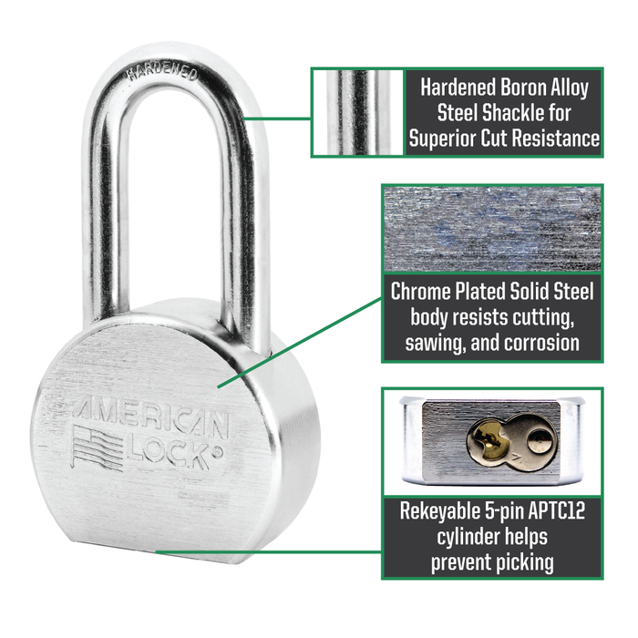 American Lock A701 2-1/2in (64mm) Solid Steel Rekeyable Padlock, Chrome Plated, with 2in (51mm) Shackle-Keyed-American Lock-MasterLocks.com