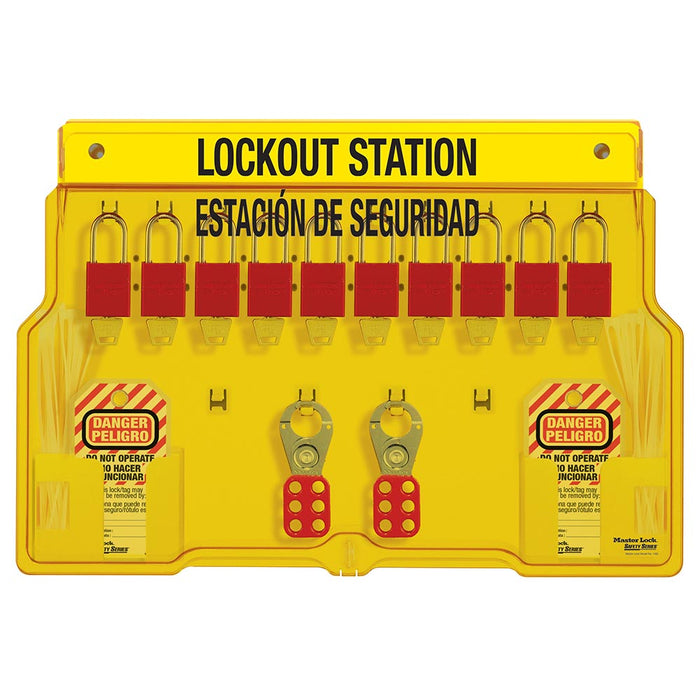 Master Lock 1483BP1106ES 10-Lock Padlock Station, English/Spanish, Anodized Aluminum Padlocks-Keyed-Master Lock-1483BP1106ES-MasterLocks.com