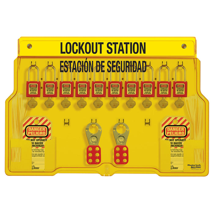 Master Lock 1483BP410ES 10-Lock Padlock Station, English/Spanish, Zenex™ Thermoplastic Padlocks-Keyed-Master Lock-1483BP410ES-MasterLocks.com