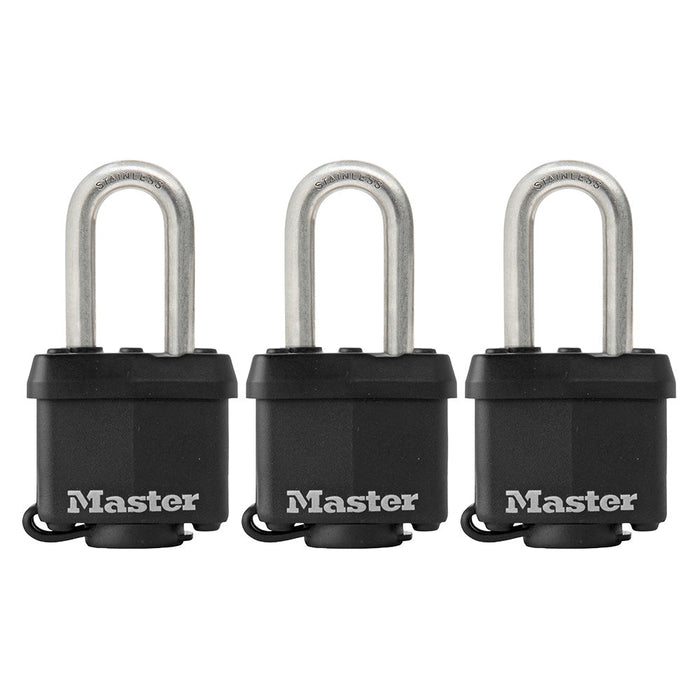 Master Lock 311SSTRI 1-9/16in (40mm) Wide Covered Stainless Steel Padlock with 1-1/2in (38mm) Shackle; 3 Pack; Black-Keyed-Master Lock-311SSTRILF-MasterLocks.com