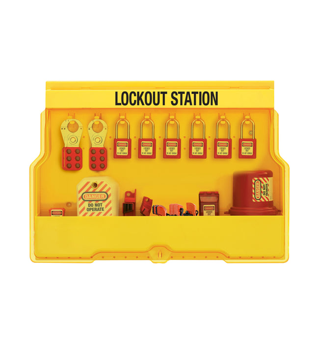 Master Lock S1850E410PRE Lockout Station with Premier Electrical Device Assortment and six Zenex™ Thermoplastic Padlocks