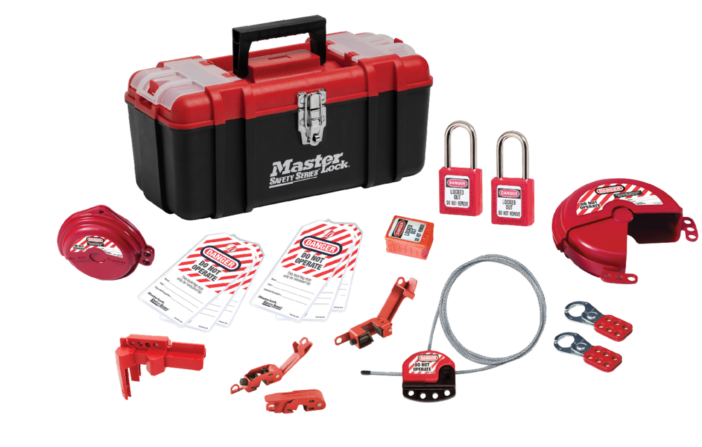 Master Lock 1457VE410KABAS Lockout Toolbox with Basic Valve and Electrical Device Assortment and two Zenex™ Thermoplastic Padlocks