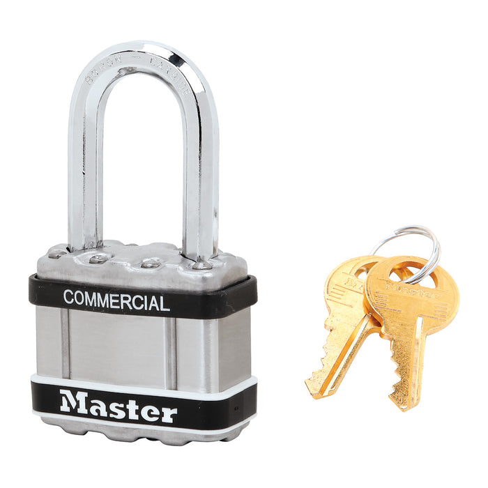 Master Lock M1 Commercial Magnum Laminated Steel Padlock with Stainless Steel Body Cover 1-3/4in (44mm) Wide-Keyed-Master Lock-Keyed Different-1-1/2in (38mm)-M1LFSTS-MasterLocks.com