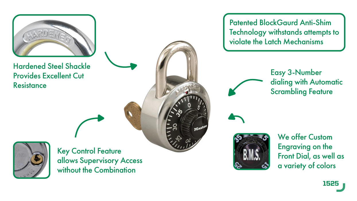 Master Lock 1525 General Security Combination Padlock with Key Control Feature 1-7/8in (48mm) Wide