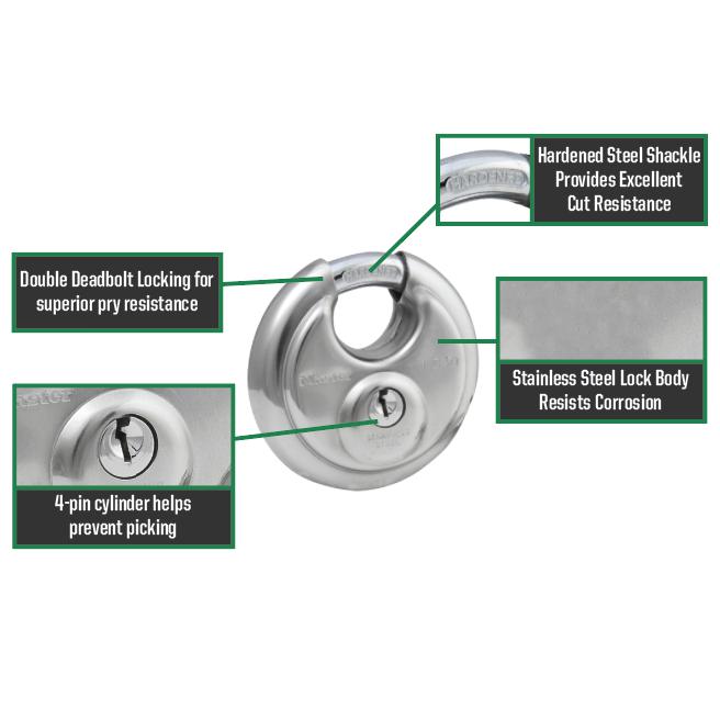 Master Lock 40DPF Stainless Steel Discus Padlock with Shrouded Shackle 2-3/4in (70mm) Wide-Keyed-HodgeProducts.com