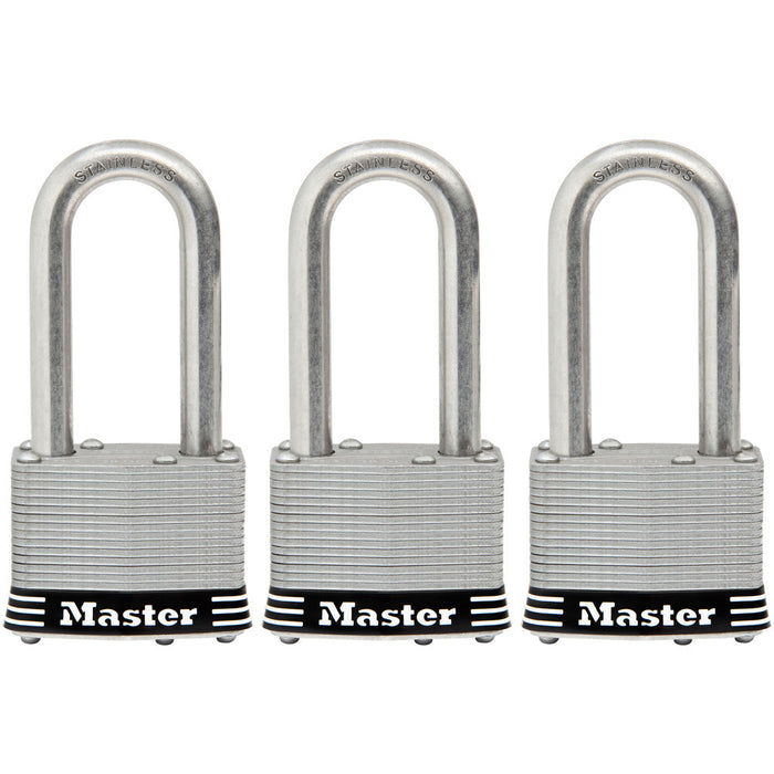 Master Lock 1SSTRI 1-3/4in (44mm) Wide Laminated Stainless Steel Padlock with 2in (51mm) Shackle; 3 Pack-Keyed-Master Lock-1SSTRILH-MasterLocks.com