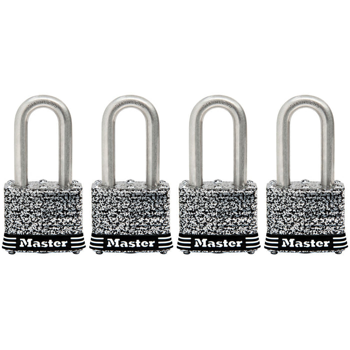 Master Lock 3SSQ 1-9/16in (40mm) Wide Laminated Stainless Steel Padlock with 1-1/2in (38mm) Shackle; 4 Pack-Keyed-Master Lock-3SSQLF-MasterLocks.com