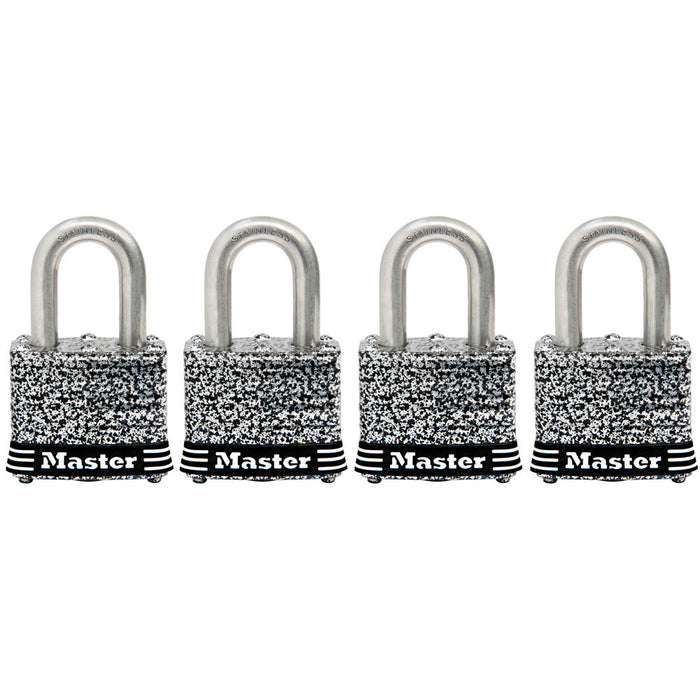 Master Lock 3SSQ Laminated Stainless Steel Padlock; 4 Pack 1-9/16in (40mm) Wide-Keyed-Master Lock-3SSQ-MasterLocks.com