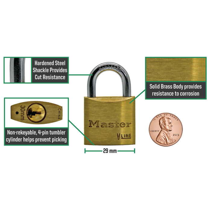 Master Lock 4130 V-Line Brass Padlock 1-1/8in (29mm) Wide-Keyed-Master Lock-MasterLocks.com