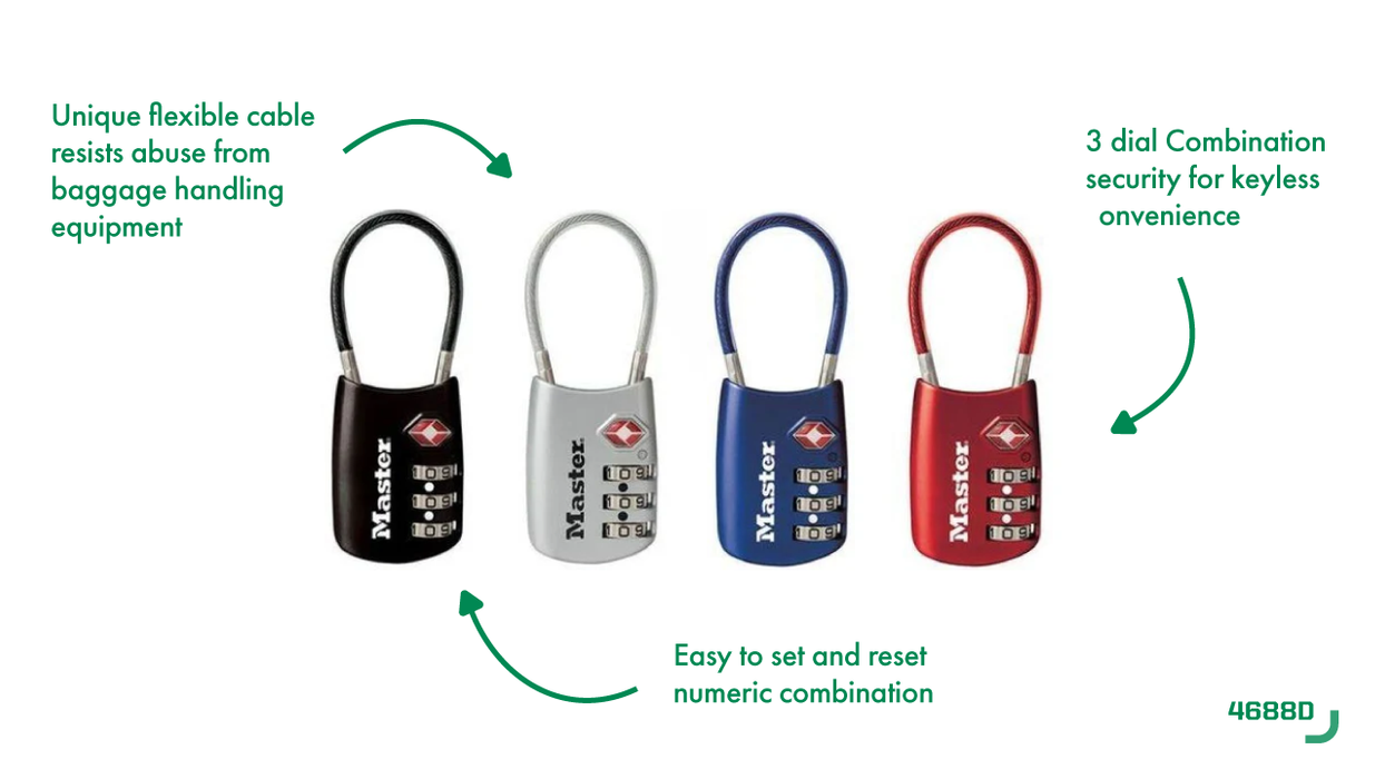 Master Lock 4688D Set Your Own Combination TSA-Accepted Luggage Lock with Flexible Shackle; Assorted Colors 1-3/16in (30mm) Wide (Pack of 4)
