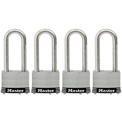 Master Lock 5SSQ 2in (51mm) Wide Laminated Stainless Steel Padlock with 2-1/2in (64mm) Shackle; 4 Pack-Keyed-Master Lock-5SSQLJ-MasterLocks.com