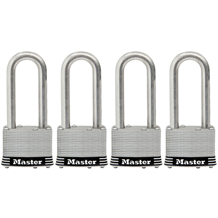 Master Lock 5SSQ 2in (51mm) Wide Laminated Stainless Steel Padlock with 2-1/2in (64mm) Shackle; 4 Pack-Keyed-Master Lock-5SSQLJ-MasterLocks.com