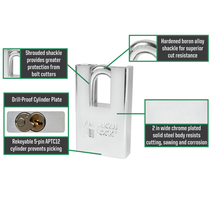American Lock A5360 Shrouded Solid Steel Rekeyable Padlock 2in (51mm) Wide-Keyed-American Lock-MasterLocks.com