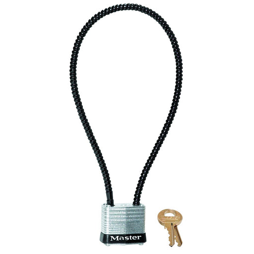 Master Lock 107DSPT 14in (35cm) Long x .22in Diameter (5.6mm) Braided Steel Cable Gun Lock with 1-1/8in (29 mm) Wide Laminated Steel Padlock; Keyed Different-Keyed-Master Lock-Keyed Alike-107KADSPT-MasterLocks.com