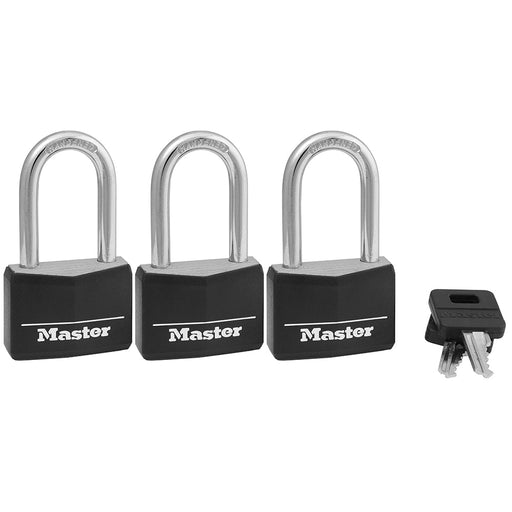 Master Lock 141TRI 1-9/16in (40mm) Wide Covered Solid Body Padlock with 1-1/2in (38mm) Shackle; 3 Pack-Keyed-Master Lock-141TRILF-MasterLocks.com