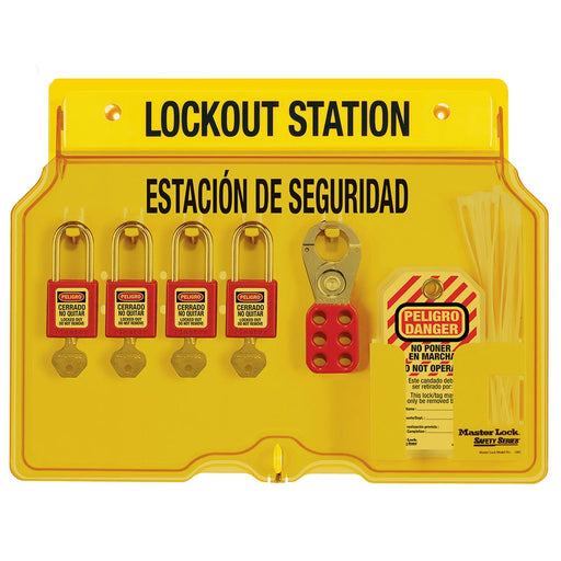 Master Lock 1482BP410ES 4-Lock Padlock Station, English/Spanish, Zenex™ Thermoplastic Padlocks-Keyed-Master Lock-1482BP410ES-MasterLocks.com