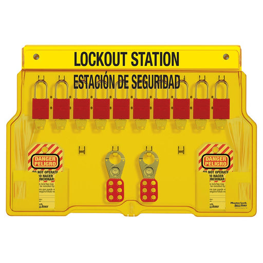 Master Lock 1483BP1106ES 10-Lock Padlock Station, English/Spanish, Anodized Aluminum Padlocks-Keyed-Master Lock-1483BP1106ES-MasterLocks.com