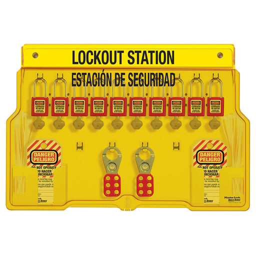 Master Lock 1483BP410ES 10-Lock Padlock Station, English/Spanish, Zenex™ Thermoplastic Padlocks-Keyed-Master Lock-1483BP410ES-MasterLocks.com