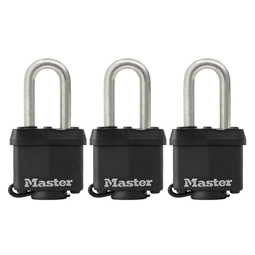 Master Lock 311SSTRI 1-9/16in (40mm) Wide Covered Stainless Steel Padlock with 1-1/2in (38mm) Shackle; 3 Pack; Black-Keyed-Master Lock-311SSTRILF-MasterLocks.com