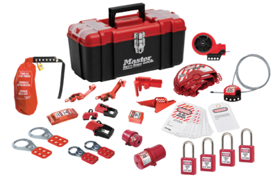 Master Lock 1457VE410KAPRE Lockout Toolbox with Premier Valve and Electrical Device Assortment and four Zenex™ Thermoplastic Padlocks
