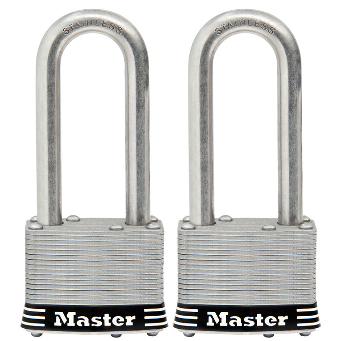 Master Lock 5SST 2in (51mm) Wide Laminated Stainless Steel Padlock with 2-1/2in (64mm) Shackle; 2 Pack-Keyed-Master Lock-5SSTLJ-MasterLocks.com