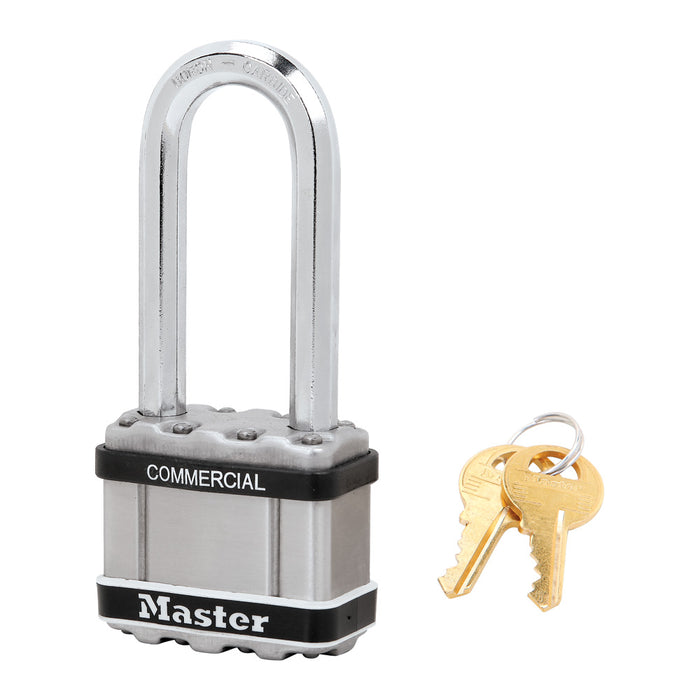 Master Lock M5 Commercial Magnum Laminated Steel Padlock with Stainless Steel Body Cover 2in (51mm) Wide-Keyed-Master Lock-Keyed Different-2-1/2in (64mm)-M5LJSTS-MasterLocks.com