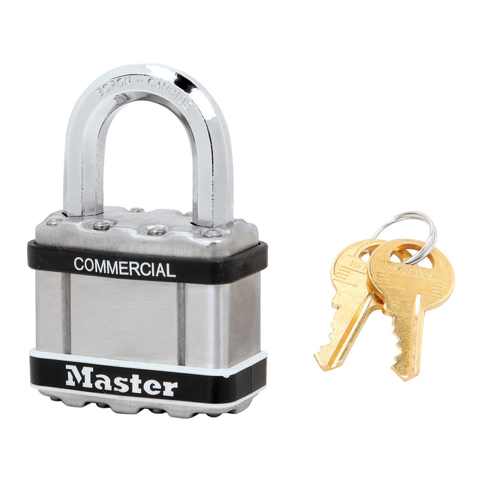 Master Lock M5 Commercial Magnum Laminated Steel Padlock with Stainless Steel Body Cover 2in (51mm) Wide-Keyed-Master Lock-Keyed Different-1in (25mm)-M5STS-MasterLocks.com