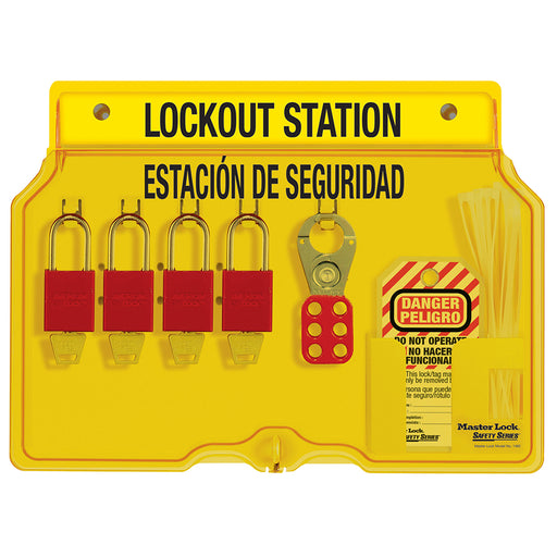 Master Lock 1482BP1106ES 4-Lock Padlock Station, English/Spanish, Anodized Aluminum Padlocks-Keyed-Master Lock-1482BP1106ES-MasterLocks.com