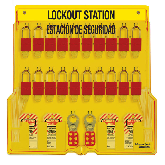 Master Lock 1484BP1106ES 20-Lock Padlock Station, English/Spanish, Anodized Aluminum Padlocks-Keyed-Master Lock-1484BP1106ES-MasterLocks.com