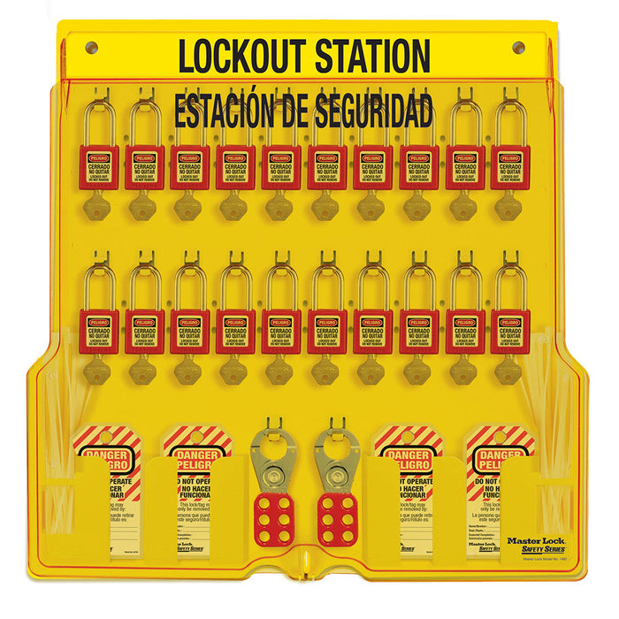 Master Lock 1484BP410ES 20-Lock Padlock Station, English/Spanish, Zenex™ Thermoplastic Padlocks-Keyed-Master Lock-1484BP410ES-MasterLocks.com