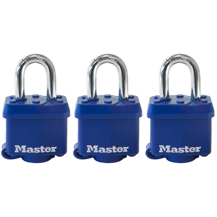 Master Lock 312TRI Covered Laminated Steel Padlock; Blue; 3 Pack 1-9/16in (40mm) Wide-Keyed-Master Lock-312TRI-MasterLocks.com