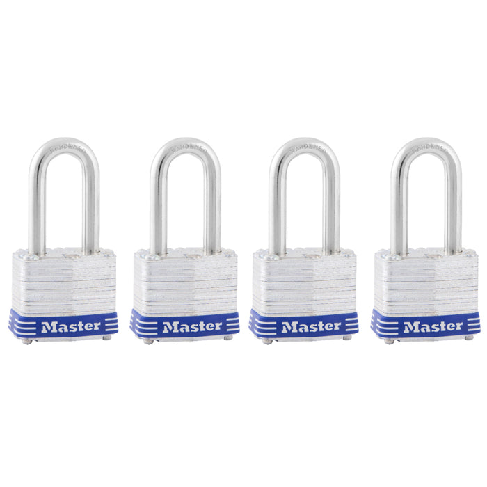 Master Lock 3Q 1-9/16in (40mm) Wide Laminated Steel Padlock with 1-1/2 (38mm) Shackle; 4 Pack-Keyed-Master Lock-3QLF-MasterLocks.com
