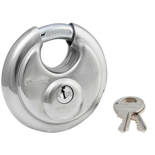 Master Lock 40DPF Stainless Steel Discus Padlock with Shrouded Shackle 2-3/4in (70mm) Wide-Keyed-HodgeProducts.com