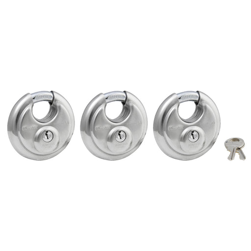 Master Lock 40TRI wide stainless steel shrouded padlock, 3-pack 2-3/4in (70mm) Wide-Keyed-Master Lock-40TRI-MasterLocks.com