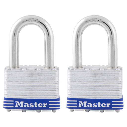 Master Lock 5T 2in (51mm) wide laminated steel padlock, 1-1/2in (38mm) shackle, 2-pack-Keyed-Master Lock-5TLF-MasterLocks.com