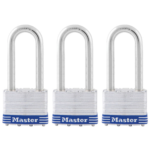 Master Lock 5TRI 2in (51mm) wide laminated steel padlock, 2-1/2in (64mm) shackle, 3-pack-Keyed-Master Lock-5TRILJ-MasterLocks.com