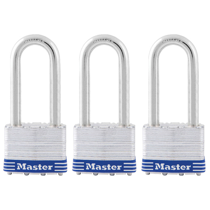 Master Lock 5TRI 2in (51mm) wide laminated steel padlock, 2-1/2in (64mm) shackle, 3-pack-Keyed-Master Lock-5TRILJ-MasterLocks.com