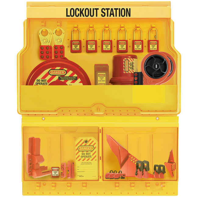 Master S1900VE410PRE Deluxe Lockout Station with Premier Valve and Electrical Device Assortment and six Zenex™ Thermoplastic Padlocks